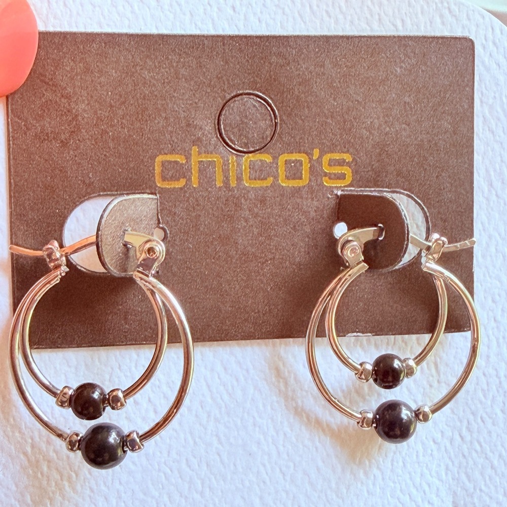 Chico's Hoop Earrings Y2K Silver Tone Black Bead 0.75" Double Hoop Locking Wire - Picture 8 of 8